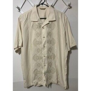 Tommy Bahama Mens Large 100% Silk Hawaiian Shirt Beige Floral Embroidered Design